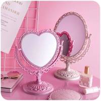 工匠时古宫廷风爱心桌面台式双面化妆镜少女粉色心形旋转可爱公主镜子
