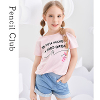 [清仓价:9.9元]铅笔俱乐部童装2022夏装女童短袖T恤儿童露肩上衣中大童薄款