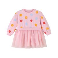 [直降价:49元]秋季新款女童针织长袖连衣裙甜美印花裙子休网纱拼接连衣裙