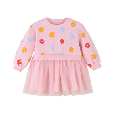 [1件3.5折]秋季新款女童针织长袖连衣裙甜美印花裙子休网纱拼接连衣裙