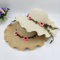 女夏天沙滩花朵蝴蝶结波浪边帽韩版大沿防晒遮阳帽子海边太阳帽