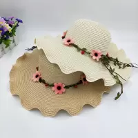 女夏天沙滩花朵蝴蝶结波浪边帽韩版大沿防晒遮阳帽子海边太阳帽
