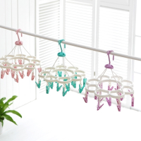 折叠晾衣架挂衣夹宝宝内衣袜子宿舍塑料多夹子儿童晒衣架 16夹白粉 1个