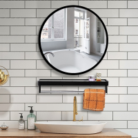 北欧浴室圆镜子免打孔带置物架卫生间挂墙式化妆镜厕所贴墙形壁挂