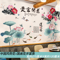 客厅电视背景墙贴画自粘墙纸房间布置餐厅饭店墙面装饰贴纸墙壁纸 中国风荷花+国画花开富贵 大