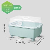 厨房放碗柜塑料带盖沥水碗架碗筷收纳箱放餐具碗筷收纳盒碗盘架子 [蓝色升级款]带排水槽