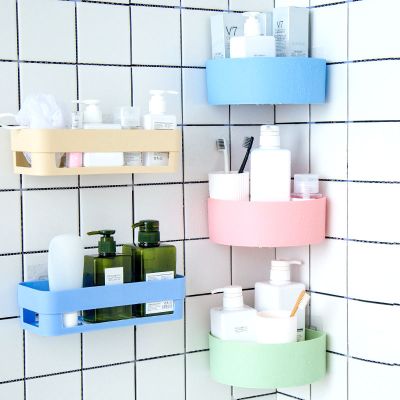 [买4个送肥皂盒]免打孔卫生间浴室贴置物架家用厨房塑料架 绿色 三角形[2个装]