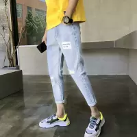 春季港风新款破洞九分牛仔裤男修身韩版小脚乞丐9分宽松裤子潮流