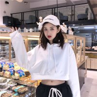 春秋女装短款露脐嘻哈街头风纯色连帽衫卫衣宽松jazz街舞上衣百搭