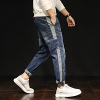 潮牌牛仔裤男九分休闲哈伦弹力宽松大码小脚黑色潮胖百搭男士裤子