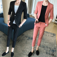 网红七分半袖小西装男韩版修身一套小码西服帅气新郎结婚礼服潮夏