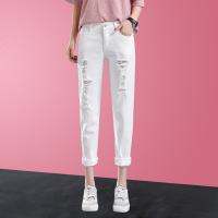 破洞牛仔裤女春秋2019新款显瘦百搭白色裤子女夏宽松乞丐九分裤潮