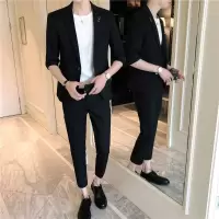 西服男套装修身潮流夏季男士休闲薄款外套夜店七分中袖小西装一套