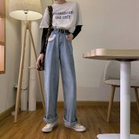 复古高腰牛仔裤女春季2019新款港风宽松休闲长裤子浅色学生阔腿裤