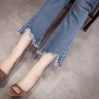破洞牛仔裤女春秋2019新款韩版显瘦不规则高腰紧身九分微喇叭裤子