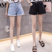 高腰牛仔短裤女2019夏新款黑色卷边破洞宽松百搭学生阔腿chic热裤