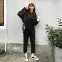 ins超火的背带裤女韩版宽松裤子春2019新款黑色牛仔裤网红老爹裤