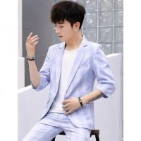 七分袖小西装外套男夏季薄款休闲西服套装韩版潮流短袖两件套夏装