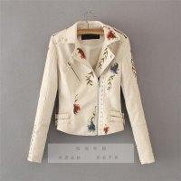 欧洲站2019春季新西装领刺绣花朵树叶铆钉短款皮衣外套女PU皮夹克