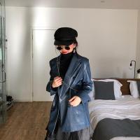 深蓝色皮西装女2018秋冬帅气网红修身小西服外套