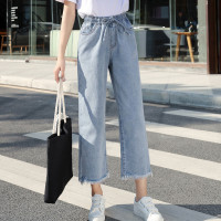 松紧腰阔腿牛仔裤女宽松韩版坠垂感学生九分大码高腰cec直筒裤子