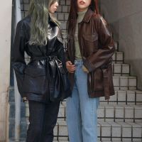 2019春季新品东大复古翻领帅气收腰系带PU皮衣中长款外套夹克女