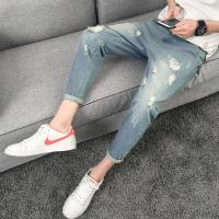 2019夏季九分牛仔裤男潮牌破洞薄款韩版潮流乞丐裤宽松小脚裤子男