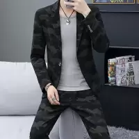 韩版西服套装男士迷彩小西装英伦青年休闲西服三件套修身外套