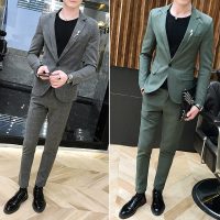 格子一套西装男帅气2019新款春装韩版修身小码西服套装休闲两件套