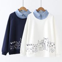 初中女装高中学生春装日系森女春款衬衫领假两件薄款可爱猫咪卫衣