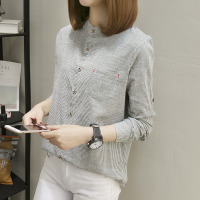 2019春秋新款韩版竖条纹女衬衫长袖 立领宽松百搭女士衬衣打底衫