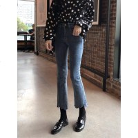 2019春秋装新款韩版黑色微喇叭裤高腰不规则牛仔裤女直筒chic裤子