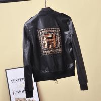 皮衣外套女2019春季新款韩版时尚后背亮片刺绣短款PU皮夹克棒球服