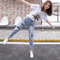 浅色烂牛仔裤女套装破洞潮高腰2019春季新款chic宽松直筒哈伦裤子