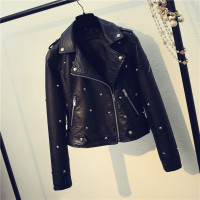 2019春季新款韩版时尚帅气百搭星星铆钉黑色水洗PU短款外套女皮衣