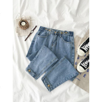 春秋季2019新款女装韩版百搭高腰宽松个性可调节直筒牛仔长裤子潮