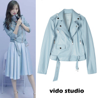 杨幂同款浅蓝色皮衣女春秋19新款休闲机车小外套短款韩版chic夹克