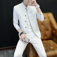 夏季西服男时尚韩版条纹小西装修身立领西服中山装中国风中袖套装