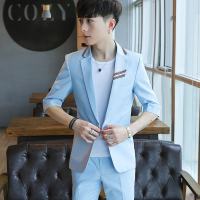春夏季薄款中袖小西装外套男修身七分袖套装短袖男士五分袖两件套