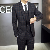 男士三件套西服青年格子小西装套装春秋帅气新郎结婚礼服商务正装