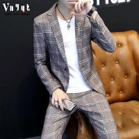 男士休闲西服套装男春秋修身型格子小西装帅气两件套韩版英伦外套