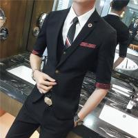 夏季韩版中袖西服三件套修身七分袖男士小西装套装结婚礼服发型师