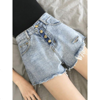 春季新款女装单排扣破洞毛边高腰宽松显瘦学生牛仔阔腿短裤女热裤