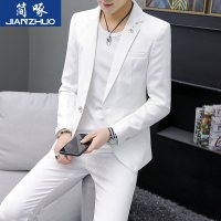 春季长袖西服套装男韩版修身青年纯色西装一套学生白色礼服三件套