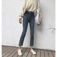 韩版时尚显瘦不规则裤脚两粒扣牛仔裤女春装百搭学生直筒裤九分裤