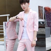 男士夏季薄款休闲西服套装韩版青年帅气修身潮流中袖小西装三件套