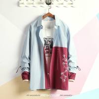 不规则撞色春季长袖衬衫男韩版大码个性印花衬衣小清新潮男装寸衣