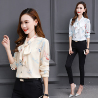 雪纺上衣2019春装新款洋气衬衫女长袖韩版时尚百搭蝴蝶结碎花小衫