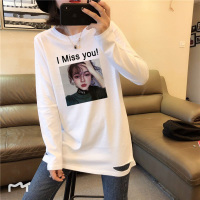 2019春秋新款白色打底衫女宽松中长款纯棉破洞长袖t恤上衣服薄款