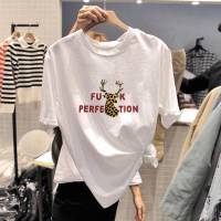 豹纹小鹿纯棉白色短袖T恤女2019夏装新款百搭宽松网红打底上衣丅